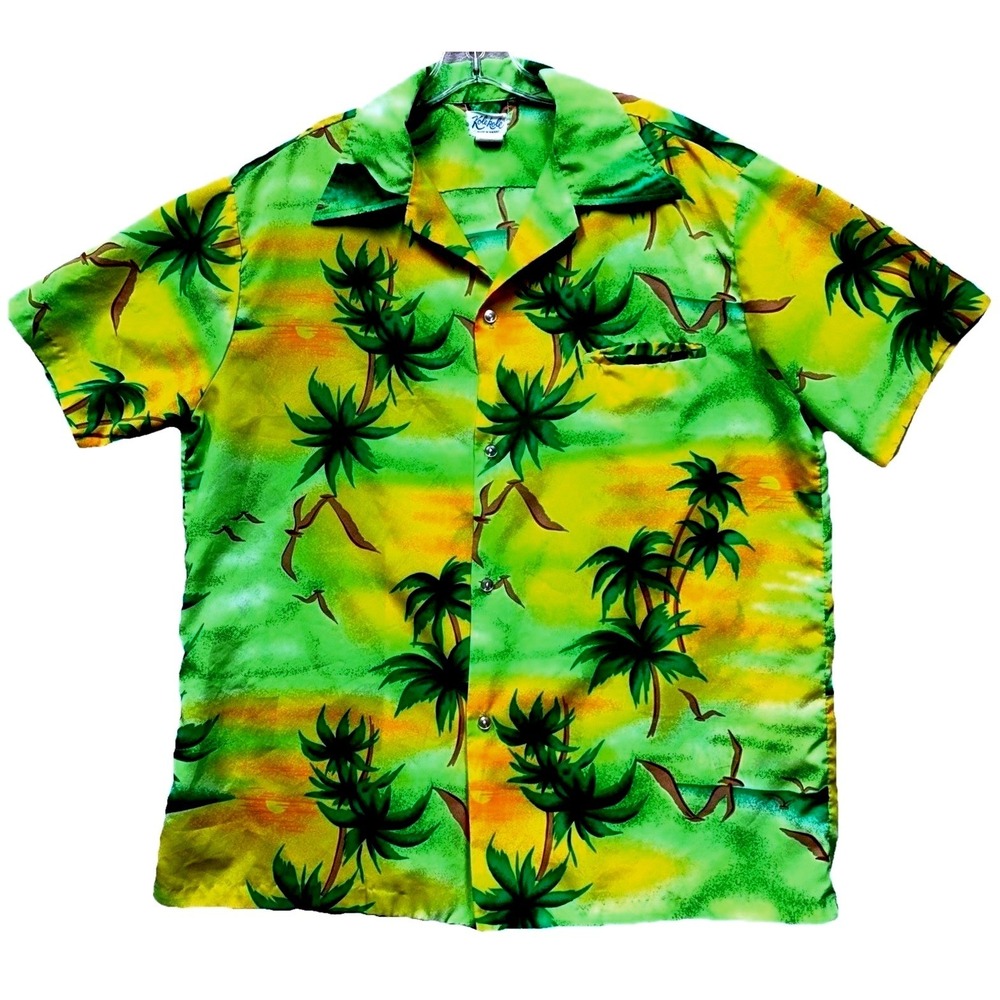 Vintage 70s Kole Kole Hawaiian Shirt Men's XL Neon Green Sunset Palm Trees Retro